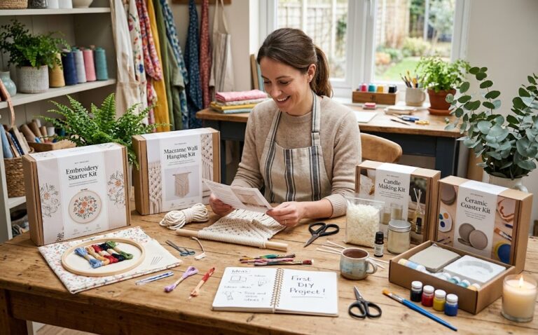 Plusieurs kits DIY posés sur une table en bois : broderie, macramé, bougies et sous-verres en céramique