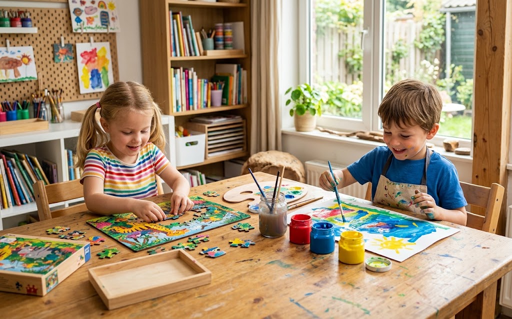 Deux enfants assis à une table, l une assemblant un puzzle coloré, l autre peignant à la gouache